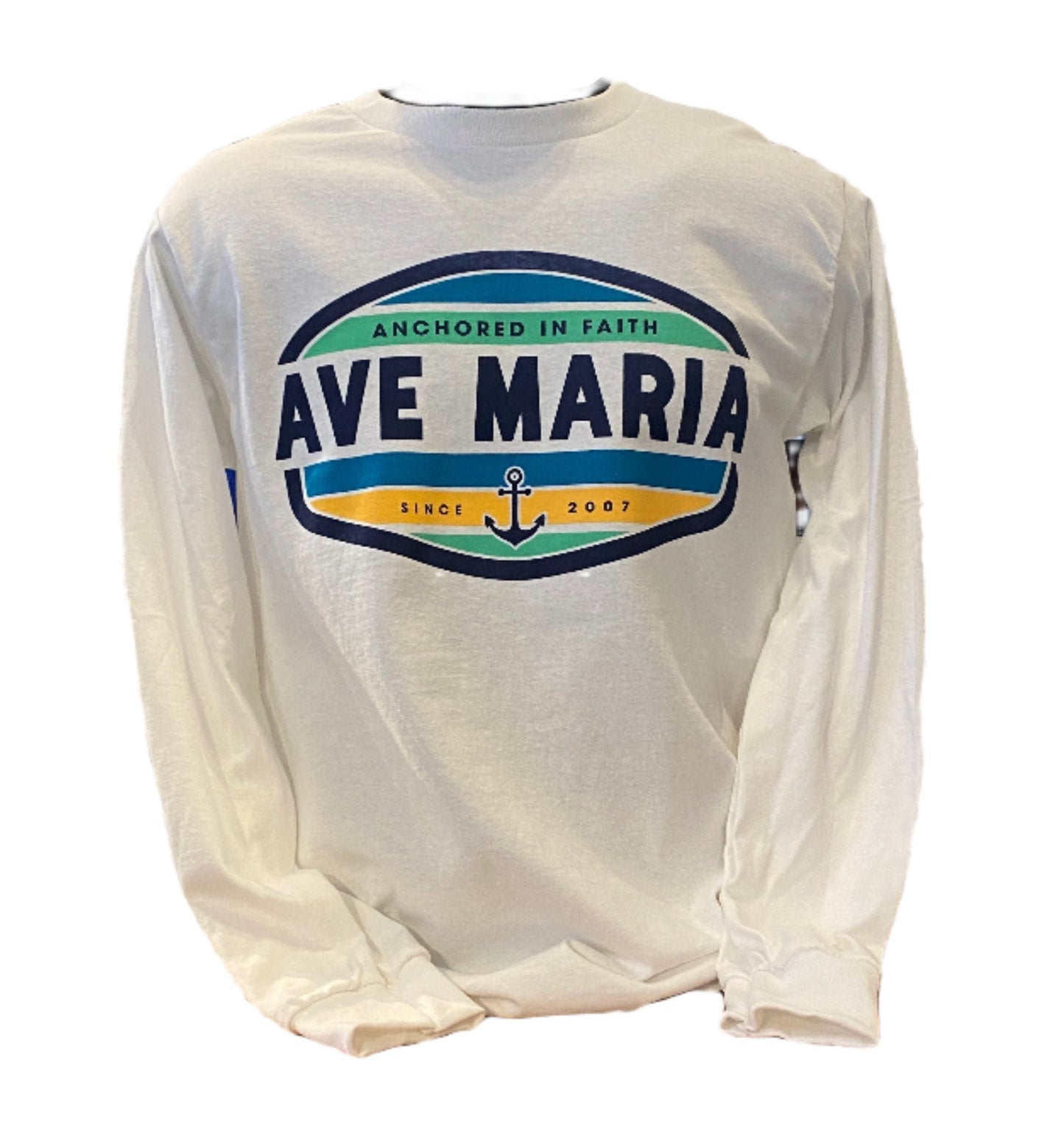 Ave Maria Retro "Anchored in Faith" White Long Sleeve Tee