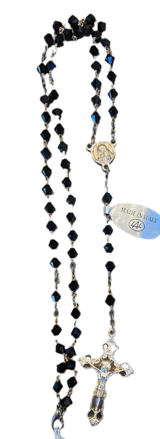 Sterling Silver Rosary with Crystal Black Beads and Clasp