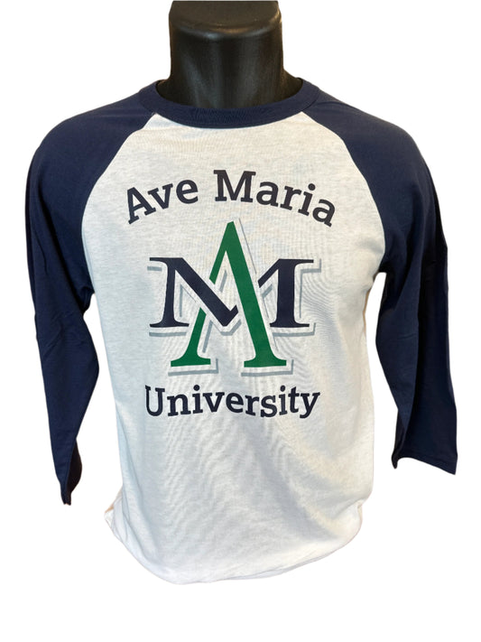 Ave Maria University AM White and Navy Baseball Tee