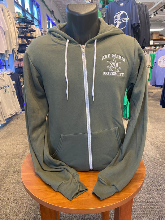 Ave Maria University  embroidered Military green full zip hoodie