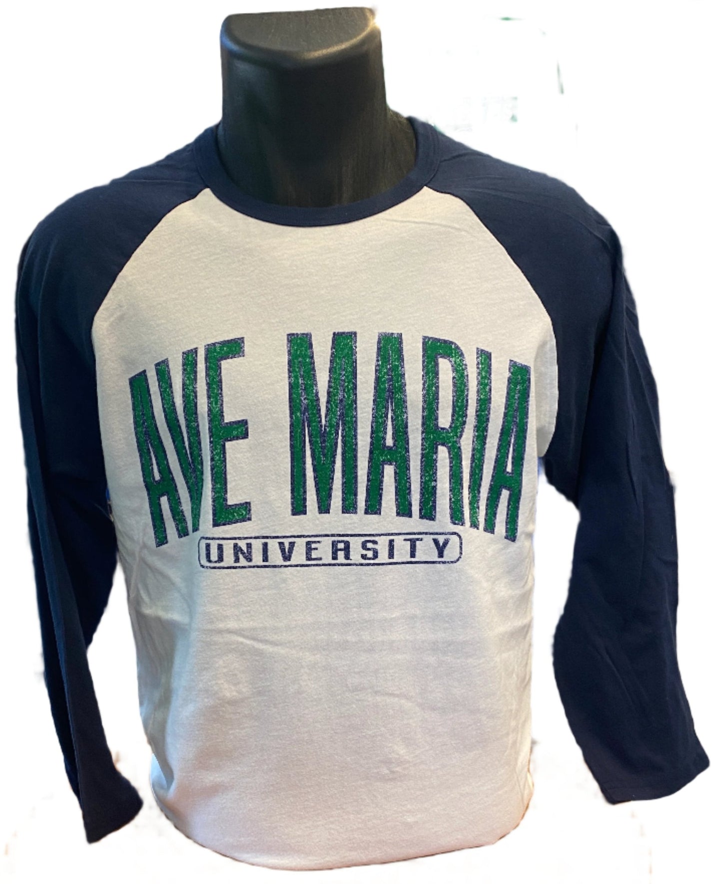 Ave Maria University Navy and White Baseball Tee