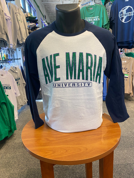 Ave Maria University Navy and White Baseball Tee