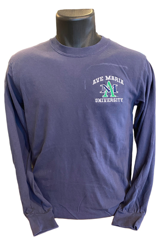 Ave Maria University AM Embroidered Long Sleeve Navy T-Shirt