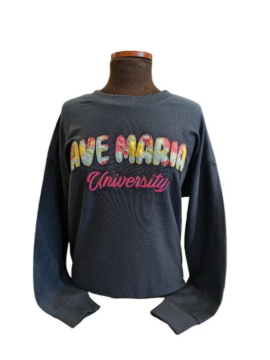 Ave Maria University Floral Reverse Terry Crewneck - Blue 84