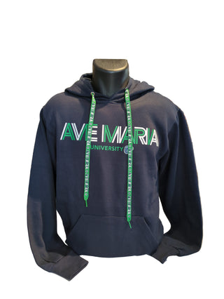 Ave Maria University Navy Comfort Fleece Hoodie - Alternate Lettering with Green Laces